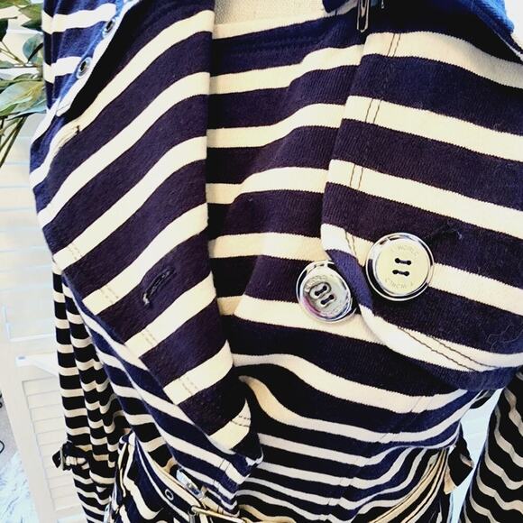 E-WORLD NAVY / CREAM MULTI POCKET BUTTON DOWN COAT WITH BELT SIZE SMALL - Picture 12 of 12